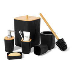 Acrylic 6-Piece Bathroom Accessory Set – Black & Bamboo Finish