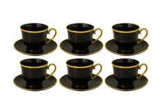 6 Pcs Cup & Saucer Set 150ml – Black with Gold Rim