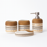 4 Pcs Bathroom Set – Soap Dispenser, Toothbrush Holder, Tumbler & Soap Dish – Ceramic Tribal Design – 2 Colours: White & Black