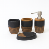 4 Pcs Bathroom Set – Soap Dispenser, Toothbrush Holder, Tumbler & Soap Dish – Ceramic Textured Design – 2 Colours Black and White