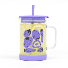 1Pc Cute Printed Glass with Handle & Straw – Drinking Cup