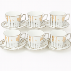 6 Pcs Cup & Saucer Set – White & Gold (Drip Pattern)