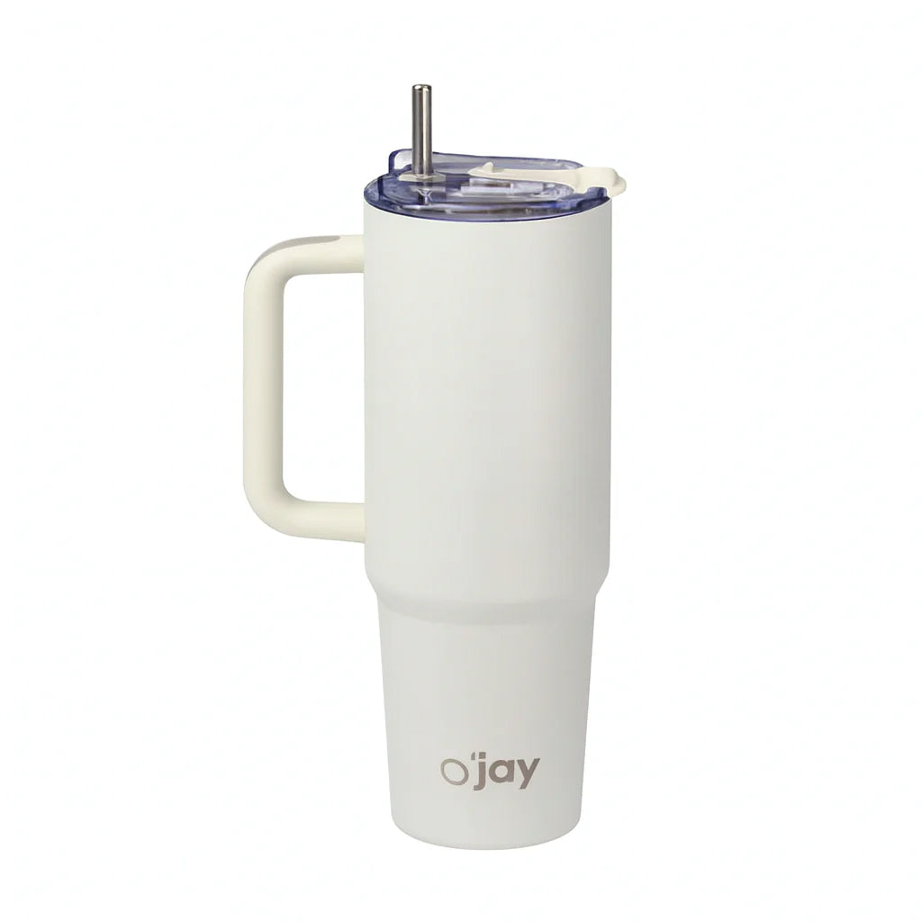 O’jay Matte White Insulated Tumbler with Handle & Straw – 50oz – SP17921