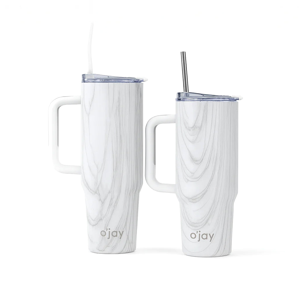 O’jay White Marble Insulated Tumbler with Handle & Straw – 50oz / 40oz – SP17919
