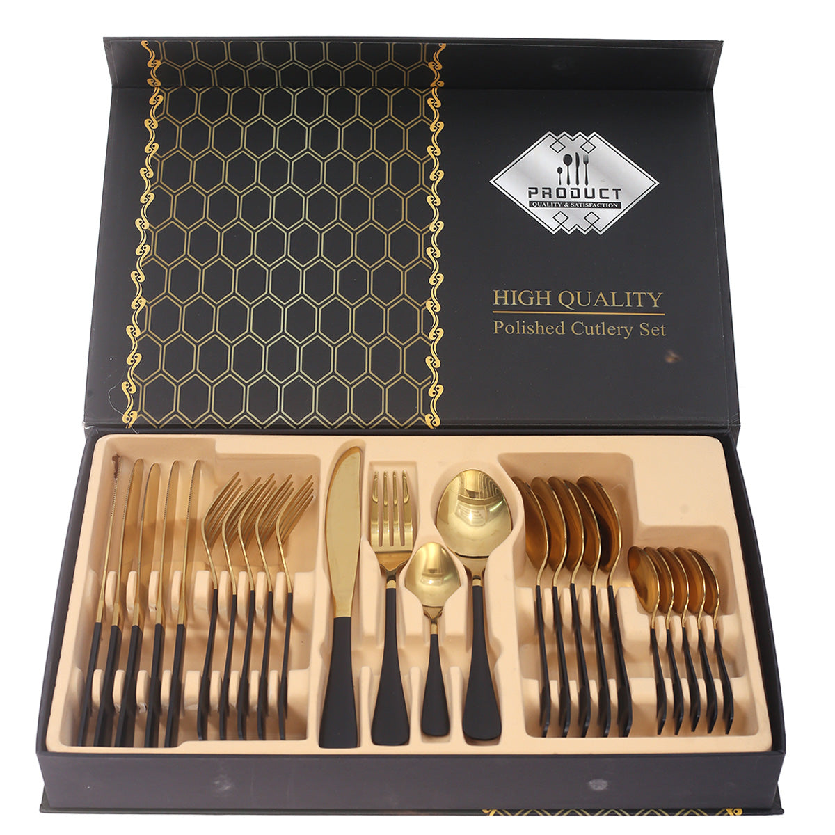 24Pcs Cutlery Set Black & Gold 16 X 10 X 2.5 Inch WS-001