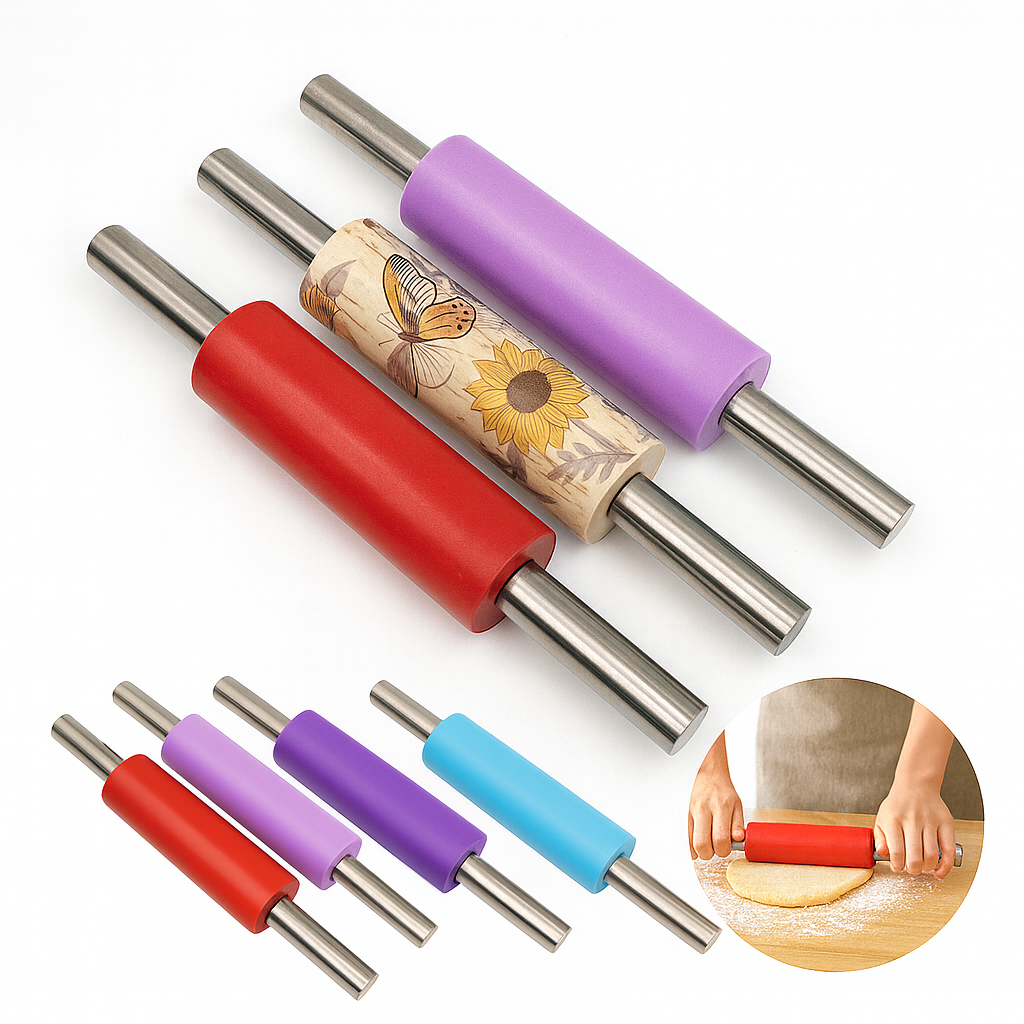 1 pc 8-Inch Silicone Rolling Pin with Stainless Steel Handle Assorted Colors– Non-Stick Dough Roller