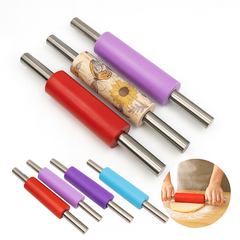 1 pc 8-Inch Silicone Rolling Pin with Stainless Steel Handle Assorted Colors– Non-Stick Dough Roller