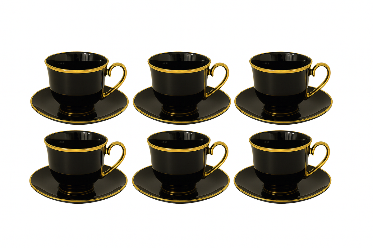 6 Pcs Cup & Saucer Set 150ml – Black with Gold Rim
