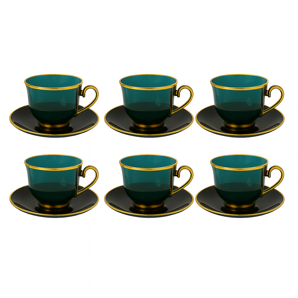 6 Pcs Cup & Saucer Set – Green with Gold Rim