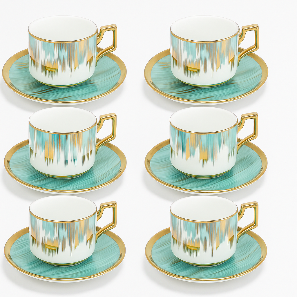 (Pack of 6) 220ml Cup & Saucer Set – White, Gold & Blue