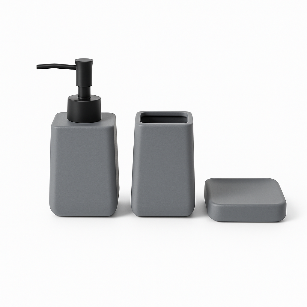 3 Pcs Bathroom Set – Soap Dispenser, Toothbrush Holder & Soap Dish – Grey & White