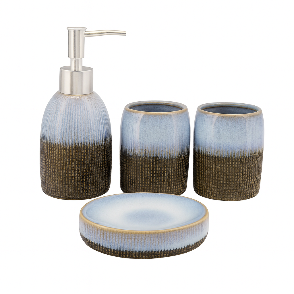 4 Pcs Bathroom Set – Soap Dispenser, Toothbrush Holder, Tumbler & Soap Dish – Premium Ceramic with Textured Blue-Brown Finish