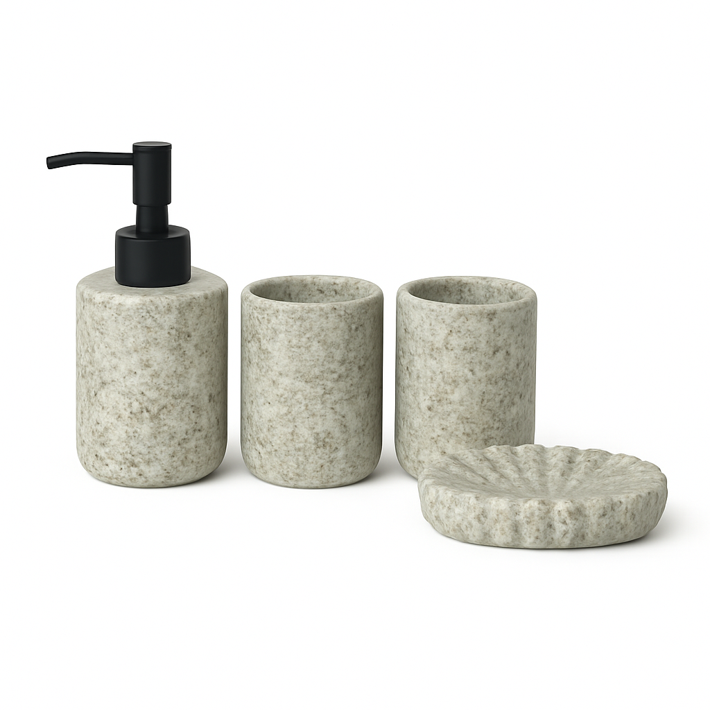 4 Pcs Bathroom Set – Soap Dispenser, Toothbrush Holder, Tumbler & Soap Dish – Stone-Textured Ceramic Finish