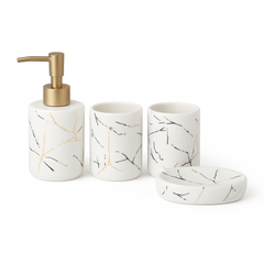 4 Pcs Bathroom Set – Soap Dispenser, Toothbrush Holder, Tumbler & Soap Dish – White Ceramic with Golden Marble Design