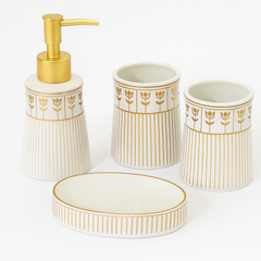4 Pcs Ceramic Bathroom Set – Soap Dispenser, Toothbrush Holder, Tumbler & Soap Dish – Luxury Design – 2 Colours