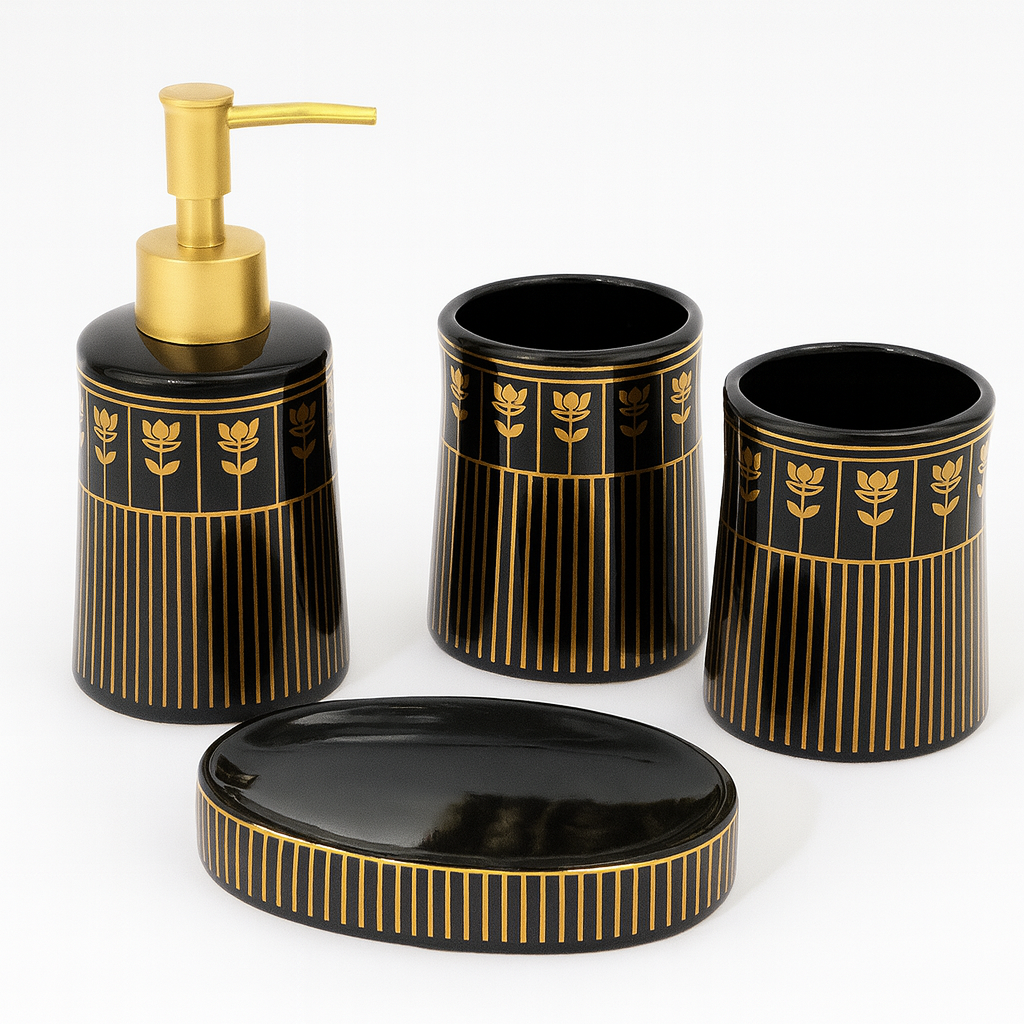 4 Pcs Ceramic Bathroom Set – Soap Dispenser, Toothbrush Holder, Tumbler & Soap Dish – Luxury Design – 2 Colours