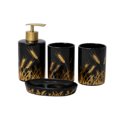 4 Pcs Bathroom Set – Soap Dispenser, Toothbrush Holder, Tumbler & Soap Dish – Ceramic Wheat Design – 2 Colours: White & Black