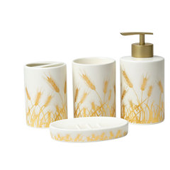 4 Pcs Bathroom Set – Soap Dispenser, Toothbrush Holder, Tumbler & Soap Dish – Ceramic Wheat Design – 2 Colours: White & Black