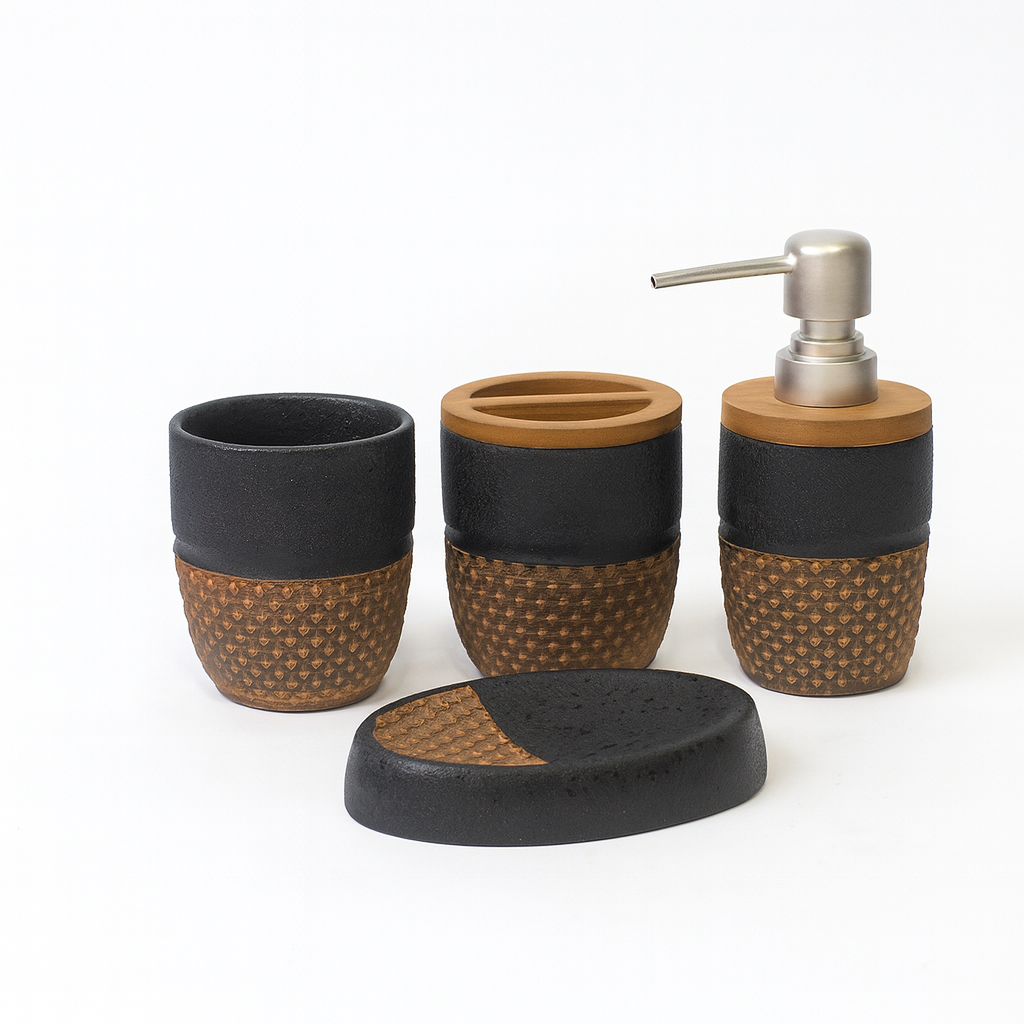 4 Pcs Bathroom Set – Soap Dispenser, Toothbrush Holder, Tumbler & Soap Dish – Ceramic Textured Design – 2 Colours Black and White