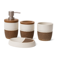 4 Pcs Bathroom Set – Soap Dispenser, Toothbrush Holder, Tumbler & Soap Dish – Ceramic Textured Design – 2 Colours Black and White
