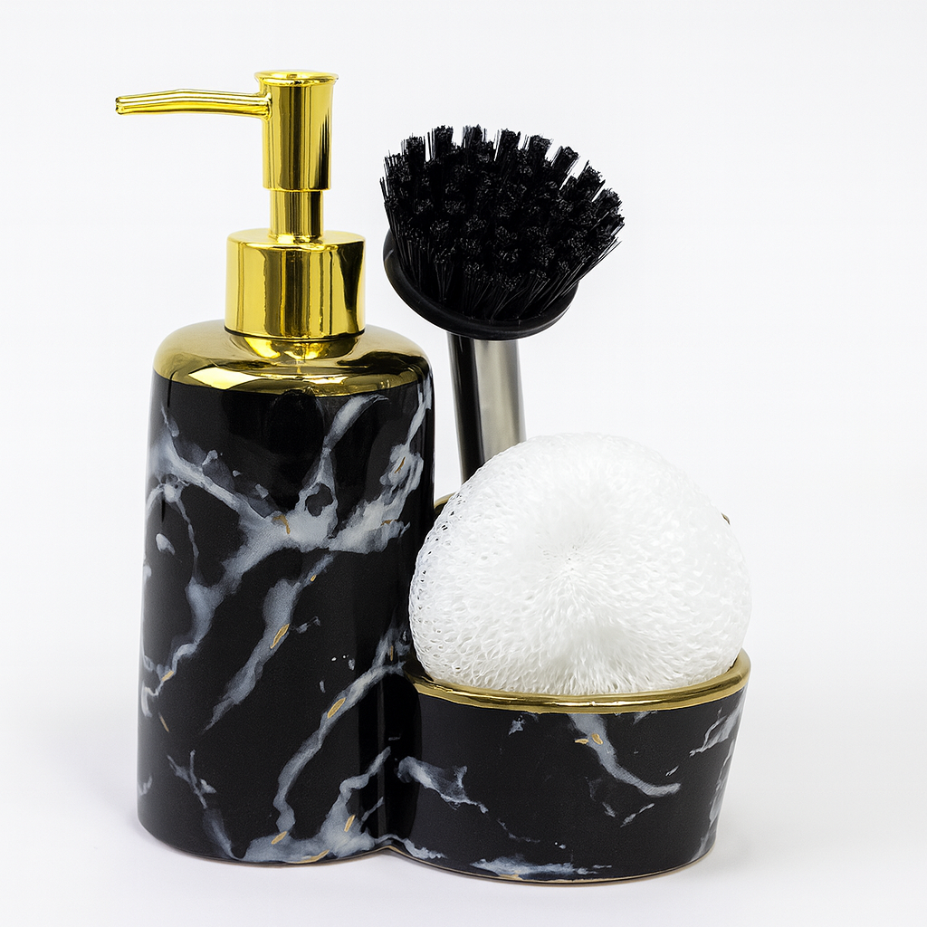 3 Pcs Attached Soap Dispenser with Scrubber & Brush Holder – Marble Design – Ceramic Bathroom / Kitchen Accessory – 2 Colours Black and White