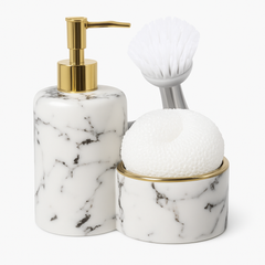 3 Pcs Attached Soap Dispenser with Scrubber & Brush Holder – Marble Design – Ceramic Bathroom / Kitchen Accessory – 2 Colours Black and White