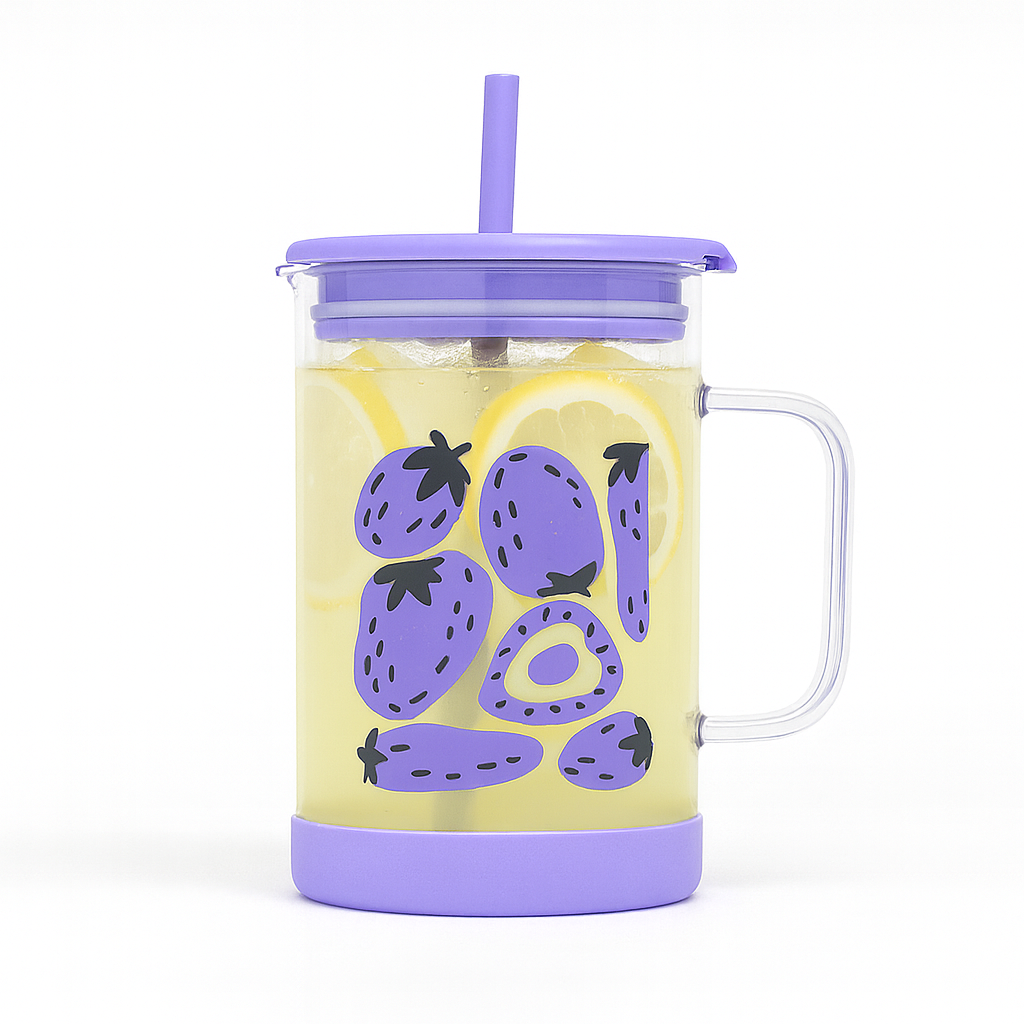 1Pc Cute Printed Glass with Handle & Straw – Drinking Cup