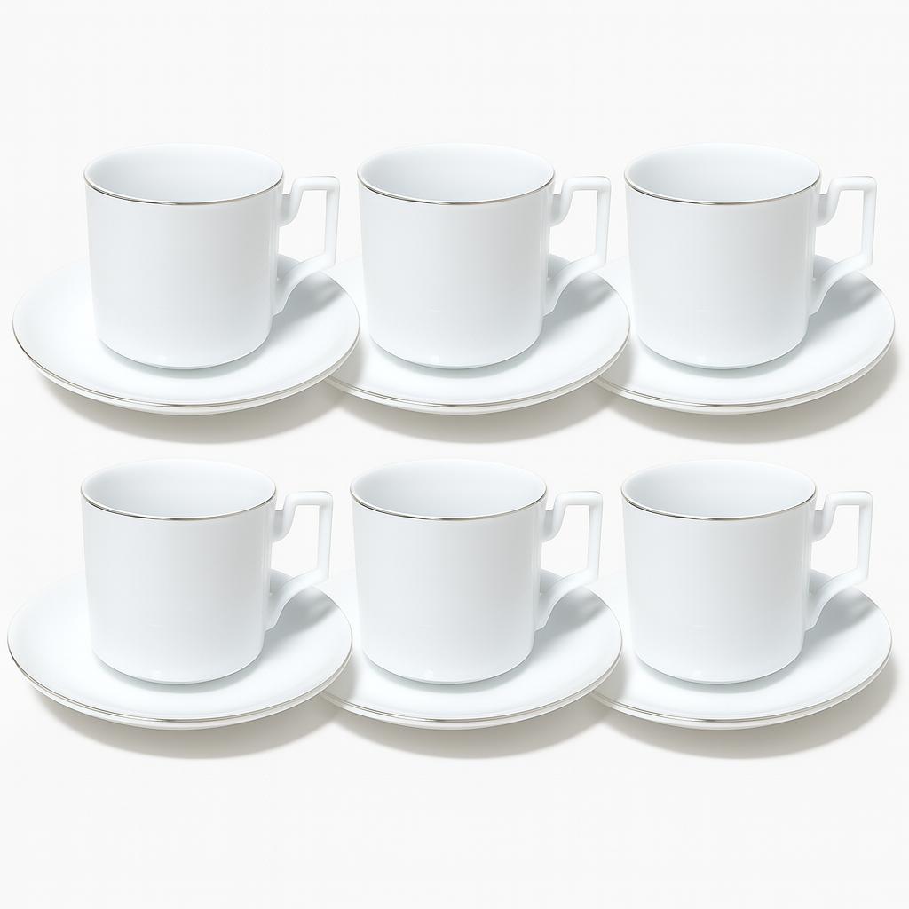 6 pcs Cup & Saucer Set 220ml – White with Gold Rim