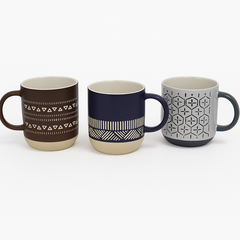 1pc 360ml Ceramic Mug with Geometric Patterns – White, Blue & Black Variants – Modern Coffee & Tea Cups
