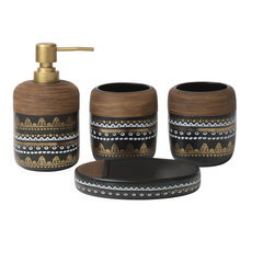 4 Pcs Bathroom Set – Soap Dispenser, Toothbrush Holder, Tumbler & Soap Dish – Ceramic Tribal Design – 2 Colours: White & Black