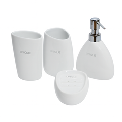 4 Pcs Ceramic Bathroom Set – Soap Dispenser, Toothbrush Holder, Tumbler & Soap Dish – Unique Design – 2 Colours