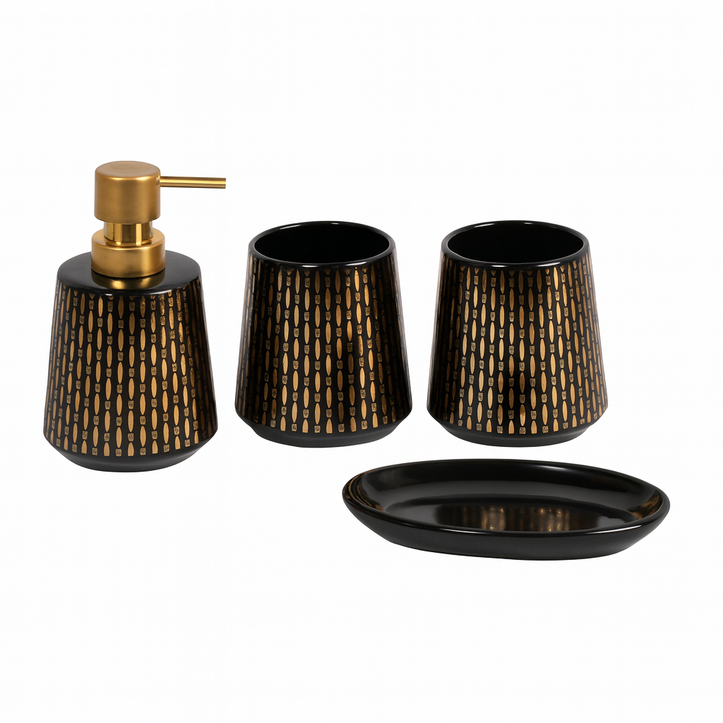 4 Pcs Bathroom Set – Soap Dispenser, Toothbrush Holder, Tumbler & Soap Dish – Ceramic with Modern Cut-Out Design – 2 Colours Black and White