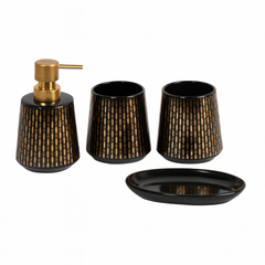 4 Pcs Bathroom Set – Soap Dispenser, Toothbrush Holder, Tumbler & Soap Dish – Ceramic with Modern Cut-Out Design – 2 Colours Black and White