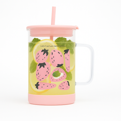 1Pc Cute Printed Glass with Handle & Straw – Drinking Cup