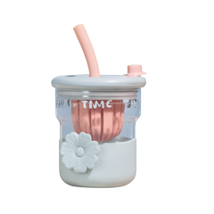 1Pc Cute Flower Glass with Straw & Lid – 1 Pc Drinking Cup (Purple, Blue, Pink, Green)