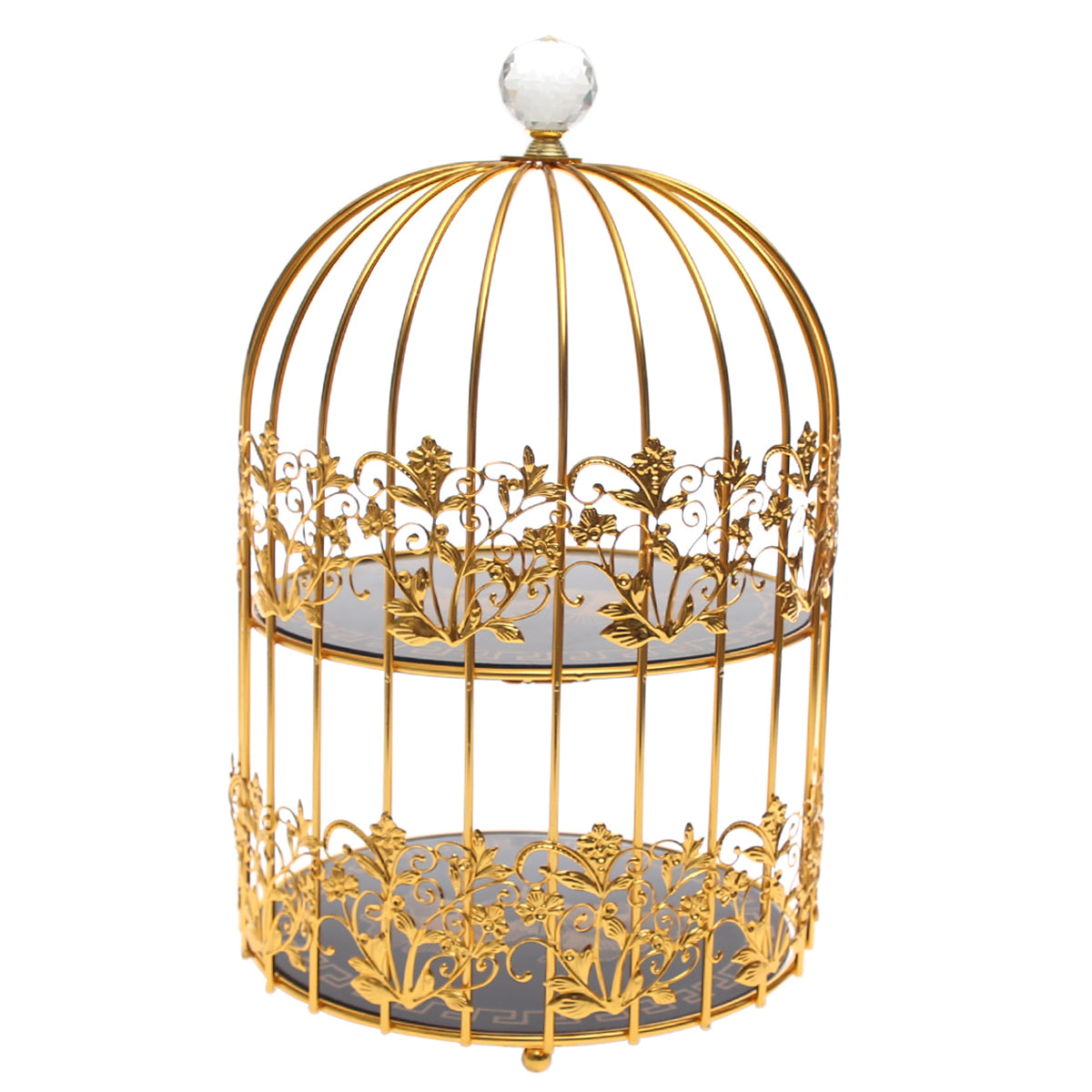 Decorative Cage‑Style Serving Stand – 2‑Tier with Crystal Knob & Gold Frame